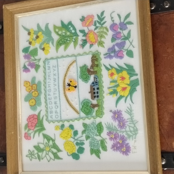 . Vintage Embroidery Wall Art - Floral Alphabet Sampler - Framed Cross Stitch - Picture 2 of 5